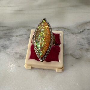 Foil Opal Marquise glass Ring with Silver Band